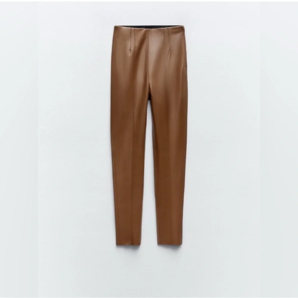 Zara Brown Faux Leather High‎ Rise Leggings w Raw Hem size S - Picture 3 of 15